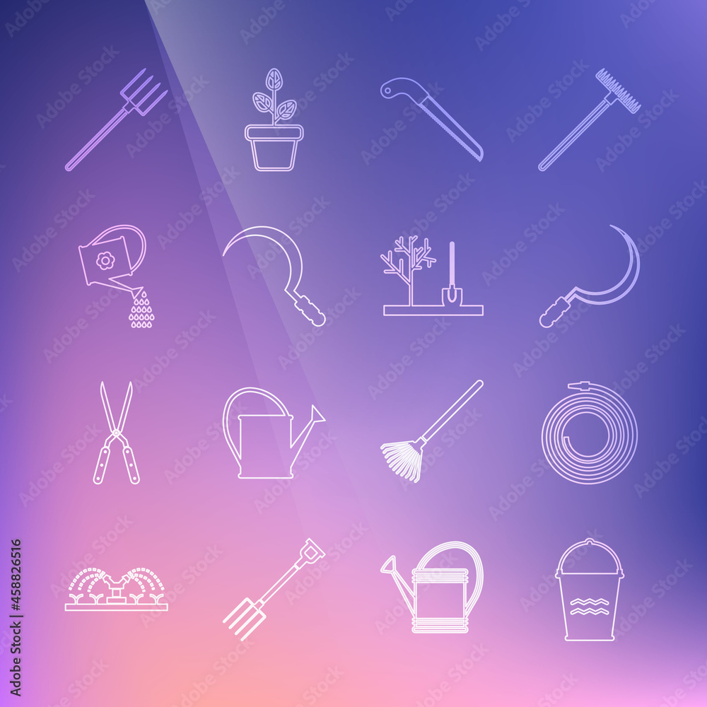 Set line Bucket, Garden hose or fire hose, Sickle, saw, Watering can, pitchfork and Planting tree the ground icon. Vector Set line Bucket, Garden hose or fire hose, Sickle, saw, Watering can, pitchfork and Planting tree the ground icon. Vector