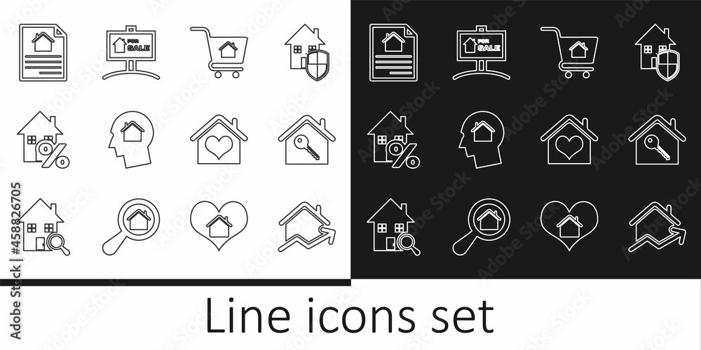 Set line Rising cost of housing, House with key, Shopping cart house, Man dreaming about buying, percant, contract, heart shape and Hanging sign For Sale icon. Vector