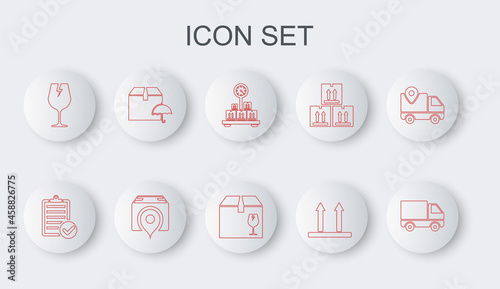 Set line Delivery cargo truck vehicle, Verification of delivery list, Scale with cardboard box, This side up, Fragile broken glass, package umbrella, Location and fragile content icon. Vector
