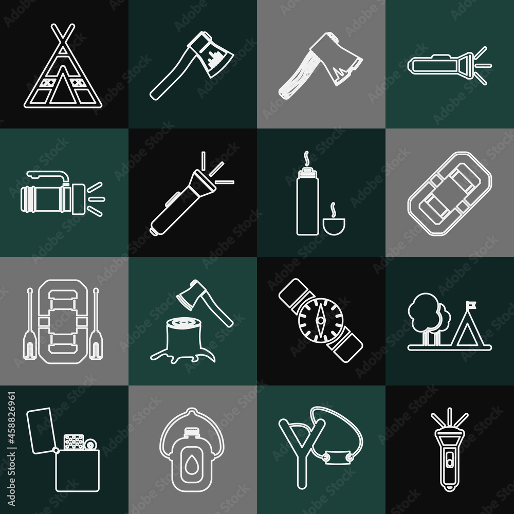Set line Flashlight, Tourist tent with flag, Rafting boat, Old wooden axe, and Thermos container icon. Vector Set line Flashlight, Tourist tent with flag, Rafting boat, Old wooden axe, and Thermos container icon. Vector