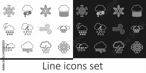 Set line Snowflake, Cloud with snow, rain and lightning, moon, Wind and icon. Vector