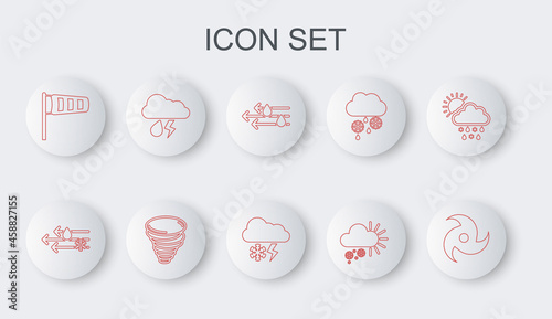 Set line Tornado, Wind and rain with snow, Cloudy, Cone meteorology windsock wind vane, lightning, and icon. Vector