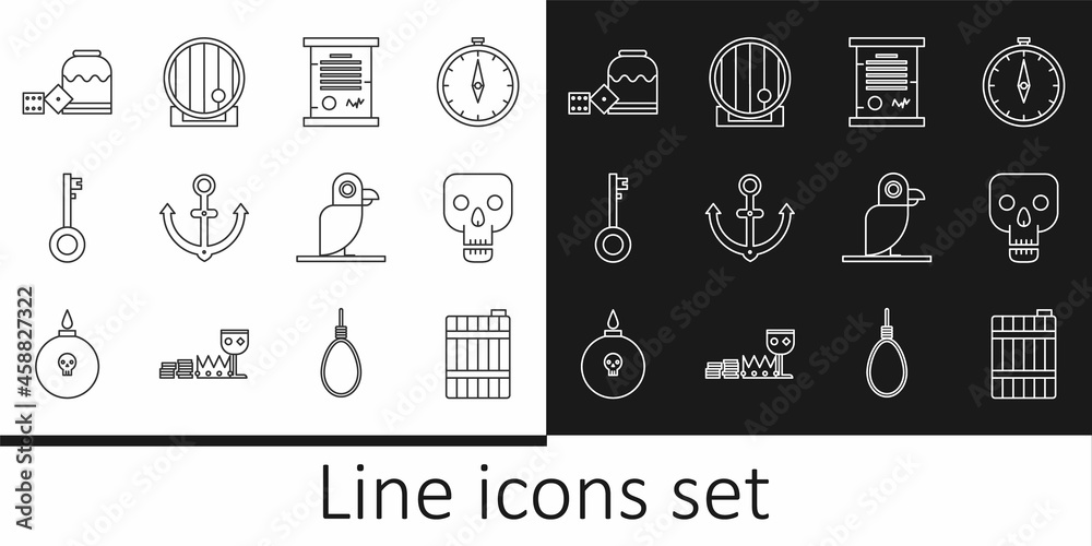Set line Wooden barrel, Skull, Decree, parchment, scroll, Anchor, Pirate key, game dice, parrot and icon. Vector