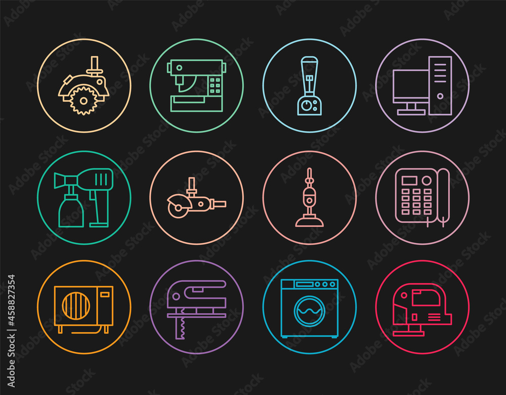 Set line Electric jigsaw, Telephone, Blender, Angle grinder, Paint spray gun, circular, Vacuum cleaner and Sewing machine icon. Vector Set line Electric jigsaw, Telephone, Blender, Angle grinder, Paint spray gun, circular, Vacuum cleaner and Sewing machine icon. Vector