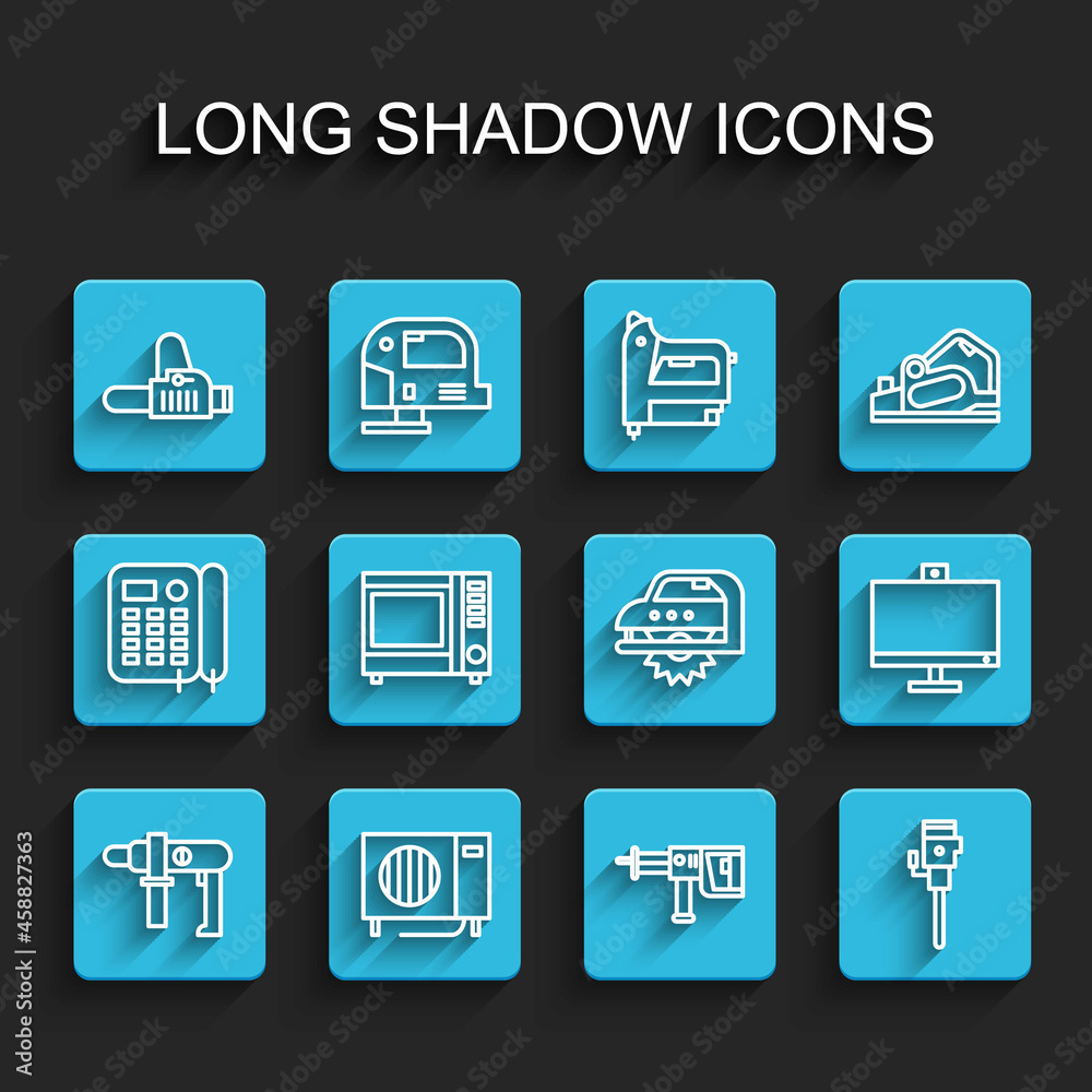 Set line Electric drill machine, Air conditioner, Chainsaw, Rotary hammer, Construction jackhammer, Microwave oven, Computer monitor and circular icon. Vector Set line Electric drill machine, Air conditioner, Chainsaw, Rotary hammer, Construction jackhammer, Microwave oven, Computer monitor and circular icon. Vector