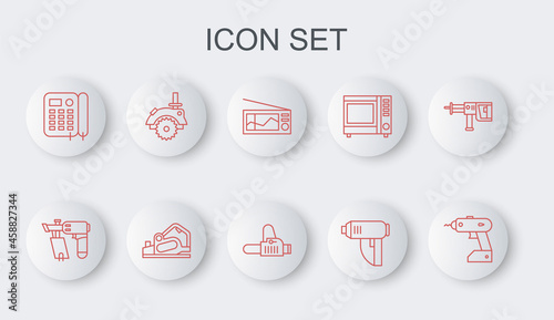 Set line Electric cordless screwdriver, Nail gun, Radio, industrial dryer, Telephone, circular saw, planer tool and Chainsaw icon. Vector