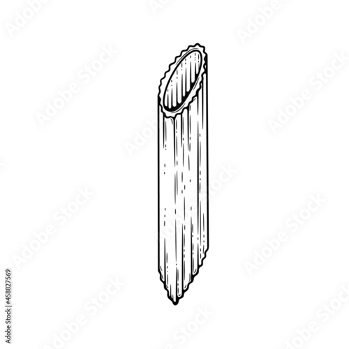 Penne pasta sketch. Doodle outline black and white vintage style macaroni illustration. Hand drawn isolated on white background. 