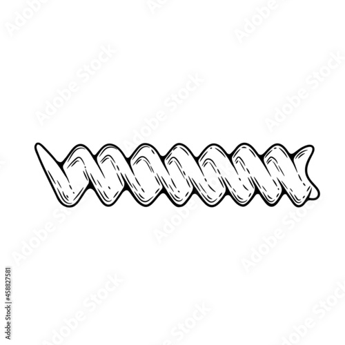 Fusilli pasta sketch. Doodle outline black and white vintage style macaroni illustration. Hand drawn isolated on white background.
