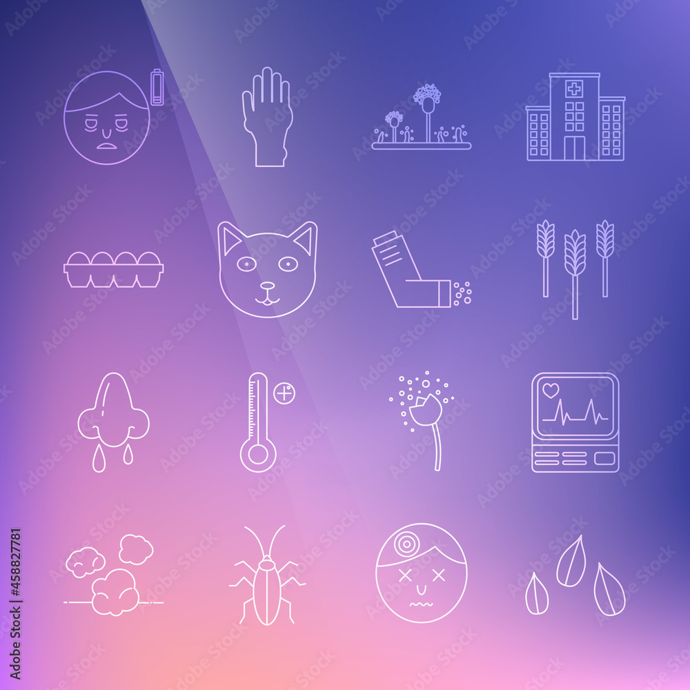 Set line Sesame seeds, Monitor with cardiogram, Wheat, Mold, Pet, Chicken egg in box, Fatigue and Inhaler icon. Vector Set line Sesame seeds, Monitor with cardiogram, Wheat, Mold, Pet, Chicken egg in box, Fatigue and Inhaler icon. Vector