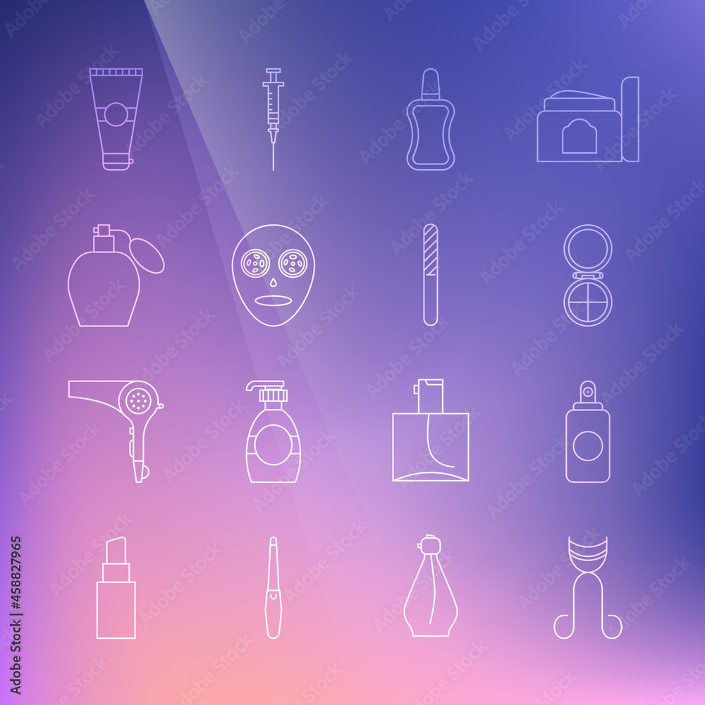 Set line Eyelash curler, Spray can, Makeup powder with mirror, Nail polish bottle, Facial cosmetic mask, Perfume, Lotion tube and file icon. Vector Set line Eyelash curler, Spray can, Makeup powder with mirror, Nail polish bottle, Facial cosmetic mask, Perfume, Lotion tube and file icon. Vector