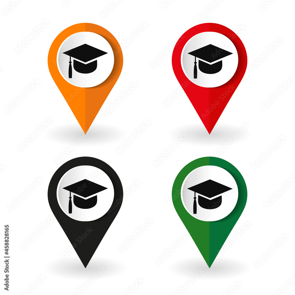 University location icon. Map pointer silhouette symbol. Student's hat pinpoint. College nearby. Vector illustration University location icon. Map pointer silhouette symbol. Student's hat pinpoint. College nearby. Vector illustration