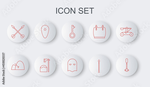 Set line Torch flame, Bale of hay and rake, Old key, Medieval spear, crossed arrows, Shield, Executioner axe in tree block and mask icon. Vector