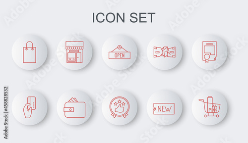 Set line Shopping cart and food, Hanging sign Open, Price tag text New, Paper shopping bag, building or market store, Wallet paper money cash and Consumer customer product rating icon. Vector