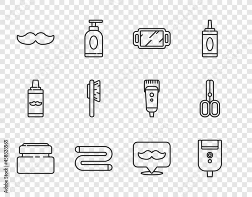 Set line Cream or lotion cosmetic tube, Electric razor blade for men, Hand mirror, Towel, Mustache, Hairbrush, Barbershop and Scissors hairdresser icon. Vector