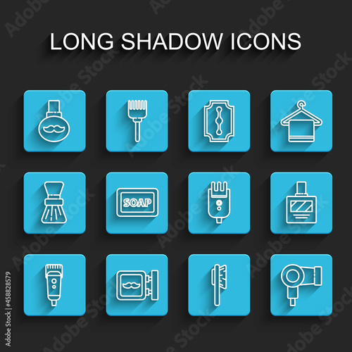 Set line Electrical hair clipper or shaver, Barbershop, Beard and mustaches care oil bottle, Hairbrush, dryer, of soap with foam, Aftershave and icon. Vector