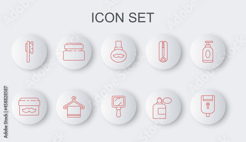 Set line Electric razor blade for men, Cream lotion cosmetic jar, Beard and mustaches care oil bottle, Aftershave with atomizer, Hairbrush, tube, Towel hanger and Hand mirror icon. Vector