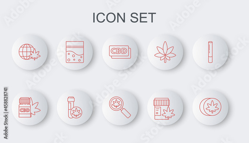 Set line Herbal ecstasy tablets, Medical bottle with marijuana, Cannabis molecule, Legalize globe, Plastic bag of cannabis, Chemical test tube and Magnifying glass and icon. Vector