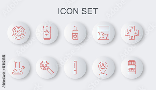 Set line Medical bottle with cannabis, Glass bong for smoking, Marijuana olive oil, Location and marijuana, Stop leaf, Mobile, Magnifying glass and joint icon. Vector