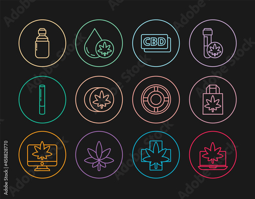 Set line Laptop and marijuana or cannabis, Shopping paper bag of, Cannabis molecule, Herbal ecstasy tablets, Marijuana joint, olive oil, Ashtray and icon. Vector