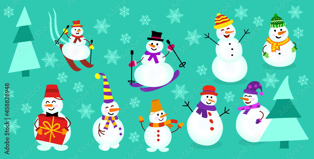 Collections icons of different snowmen. Snowman with a gift, on skis