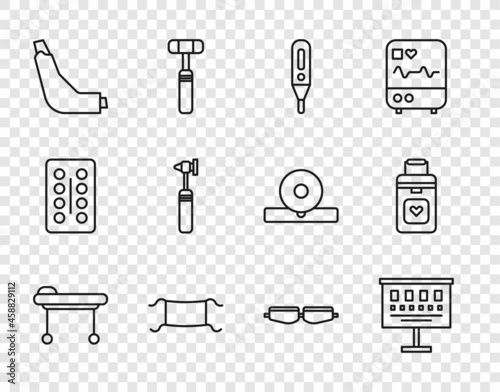 Set line Stretcher, Eye test chart, Medical digital thermometer, protective mask, Inhaler, otoscope tool, Safety goggle glasses and Organ container icon. Vector