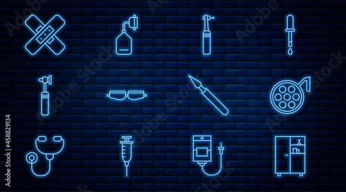Set line Medicine cabinet, Surgery lamp, Tooth drill, Safety goggle glasses, Medical otoscope tool, Crossed bandage plaster, surgery scalpel and oxygen mask icon. Vector