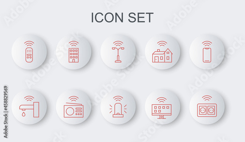Set line Smart electrical outlet, water tap, street light, Tv system, remote control, home with wireless, radio and flasher siren icon. Vector
