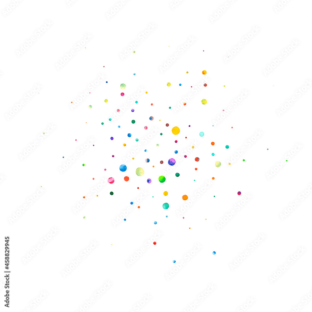 Watercolor confetti on white background. Actual rainbow colored dots. Happy celebration square colorful bright card. Mind-blowing hand painted confetti.