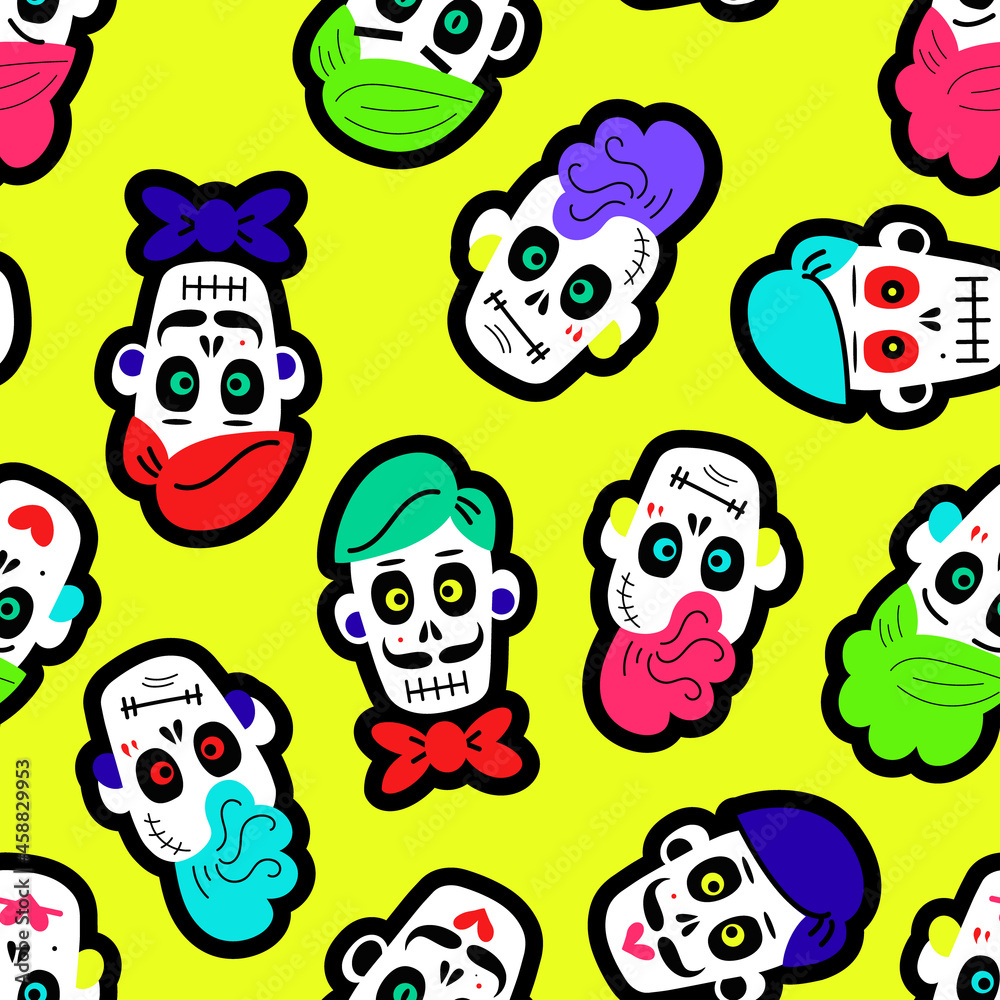 Seamless pattern with bright colorful funny skulls. Background for Halloween and the Day of the Dead. a pattern with sugar skulls. Vector illustration Seamless pattern with bright colorful funny skulls. Background for Halloween and the Day of the Dead. a pattern with sugar skulls. Vector illustration