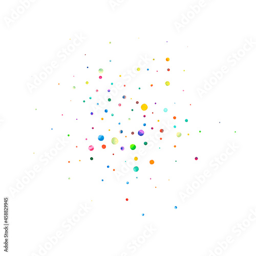 Watercolor confetti on white background. Actual rainbow colored dots. Happy celebration square colorful bright card. Mind-blowing hand painted confetti.