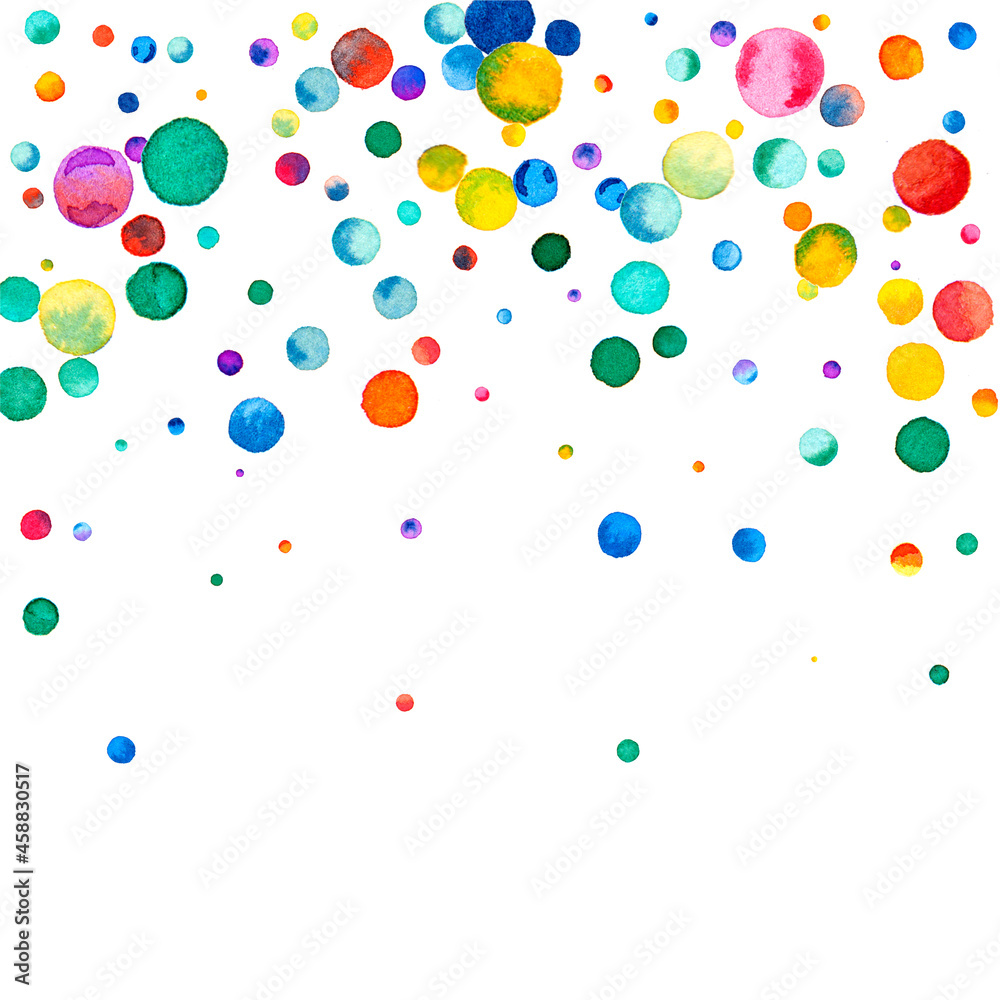 Watercolor confetti on white background. Actual rainbow colored dots. Happy celebration square colorful bright card. Glamorous hand painted confetti.