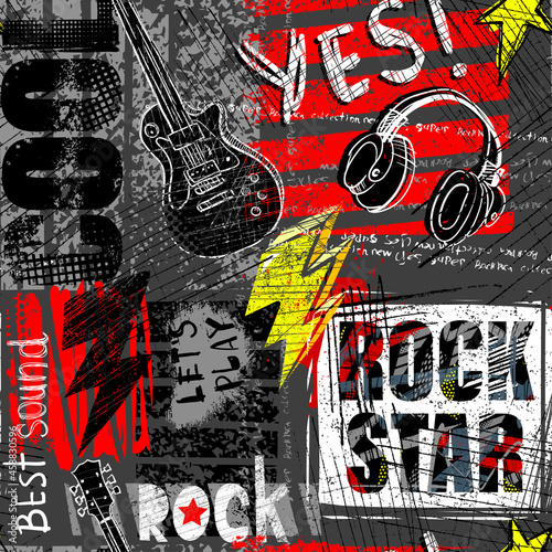 Abstract seamless modern pattern with guitar, headphones, spray paint, words rock star.  Abstract fashion drawing print design in hand drawing style.