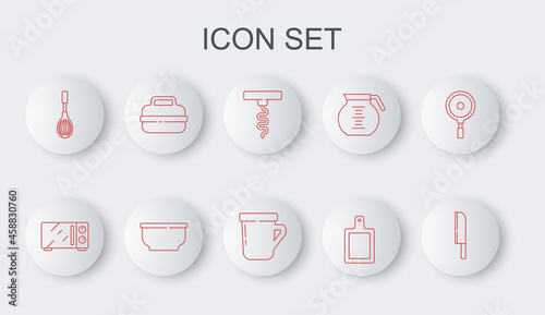 Set line Knife, Microwave oven, Wine corkscrew, Cutting board, Kitchen whisk, Cooking pot, Bowl and Coffee cup icon. Vector