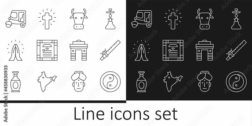 Set line Yin Yang, Bamboo flute indian, Cow, India constitution day, Hands praying position, Taxi tuk tuk, Gate Delhi and Christian cross icon. Vector Set line Yin Yang, Bamboo flute indian, Cow, India constitution day, Hands praying position, Taxi tuk tuk, Gate Delhi and Christian cross icon. Vector