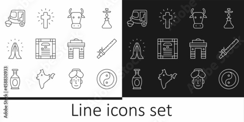 Set line Yin Yang, Bamboo flute indian, Cow, India constitution day, Hands praying position, Taxi tuk tuk, Gate Delhi and Christian cross icon. Vector