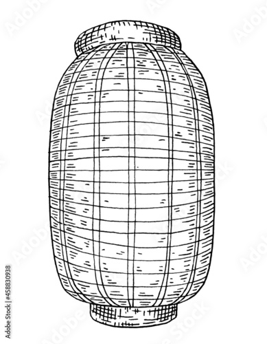Paper lanterns. Vintage hatching monochrome black illustration. Isolated on white