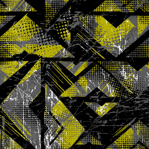 Abstract seamless chaotic pattern with urban graffiti elements, scuffed and sprays. Grunge texture background. Wallpaper for boys. Fashion sport style