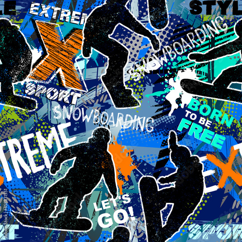 Abstract seamless grunge pattern for guys. Urban style modern background with boy on snowboards. Sport extreme style creative wallpaper
