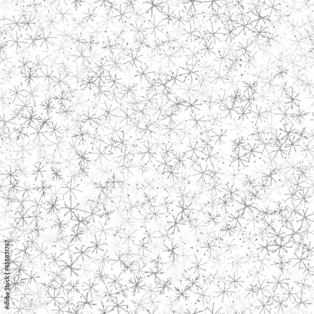 Hand Drawn Snowflakes Christmas Seamless Pattern. Subtle Flying Snow Flakes on chalk snowflakes Background. Appealing chalk handdrawn snow overlay. Cute holiday season decoration.