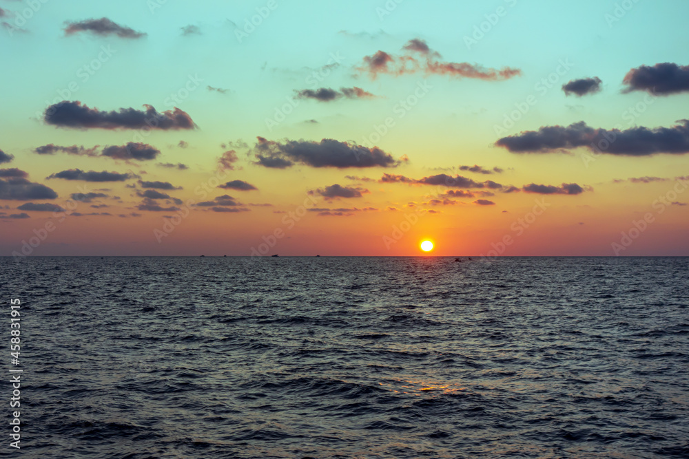 Obraz premium Stromboli island (Aeolian archipelago), Lipari, Messina, Sicily, Italy: panorama of a colorful sunset.
