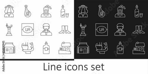 Set line Ukrainian house, footwear, cossack, Flag of Ukraine, Mother Motherland monument, woman, and Bandura icon. Vector