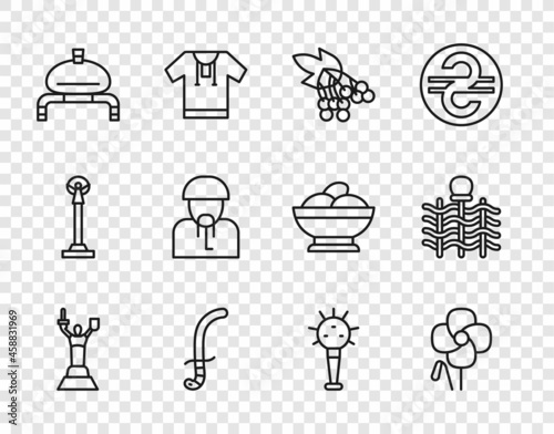 Set line Mother Motherland monument, Poppy flower, Branch viburnum, Medieval sword, Bread salt, Ukrainian cossack, Mace and Wicker fence icon. Vector