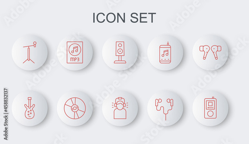 Set line Music player, Electric bass guitar, Stereo speaker, Air headphones, Microphone with stand, MP3 file document, CD or DVD disk and Man in icon. Vector