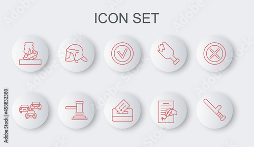 Set line Police rubber baton, Traffic jam, Check mark in round, Petition, Burning car, helmet, Judge gavel and Vote box icon. Vector