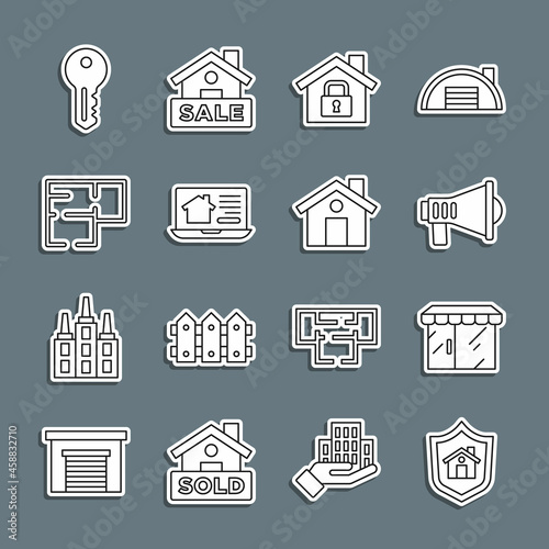 Set line House with shield, Market store, Megaphone, under protection, Online real estate house, plan, key and icon. Vector