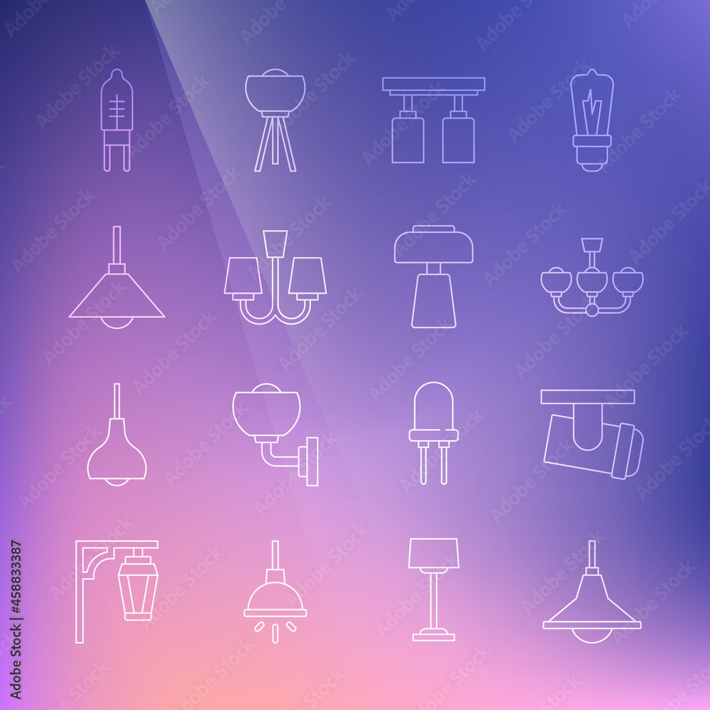 Set line Chandelier, Led track lights lamps, Lamp hanging, Light emitting diode and Table icon. Vector Set line Chandelier, Led track lights lamps, Lamp hanging, Light emitting diode and Table icon. Vector