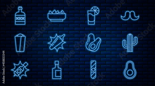 Set line Avocado fruit, Cactus, Tequila glass with lemon, Hot chili pepper pod, Burrito, bottle, and Nachos in bowl icon. Vector