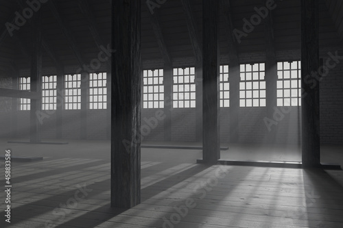 3d rendering of darken empty attic with light rays through windows