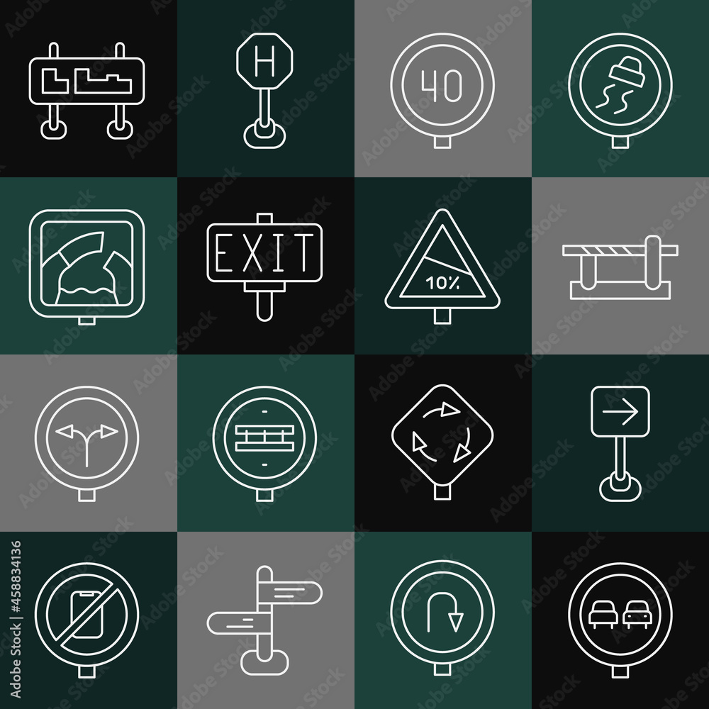 Set line No overtaking road traffic, Traffic sign turn right, Parking car barrier, Speed limit, Fire exit, Drawbridge ahead, Road and Steep ascent and descent icon. Vector Set line No overtaking road traffic, Traffic sign turn right, Parking car barrier, Speed limit, Fire exit, Drawbridge ahead, Road and Steep ascent and descent icon. Vector