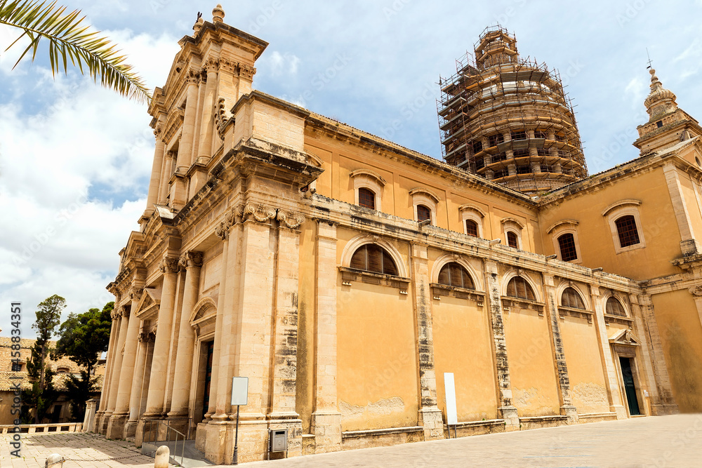Panoramic Sights of Basilica of Saint Mary of the Announcement (Basilica Maria Santissima Annunziata) in Comiso, Province of Ragusa, Sicily, Italy.